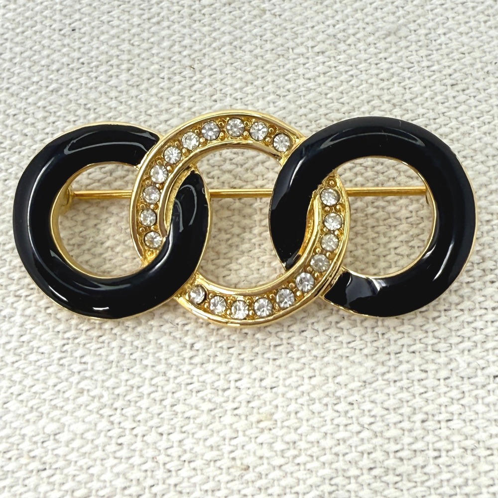 Monet Black Enamel‎ Interlocking Circles Brooch Rhinestones Gold Tone Geometric